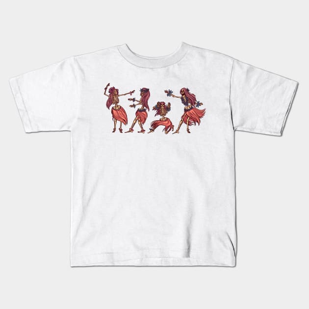 Skeleton Hula Girls Dancing // Creepy Hawaiian Hula Girls Kids T-Shirt by Now Boarding